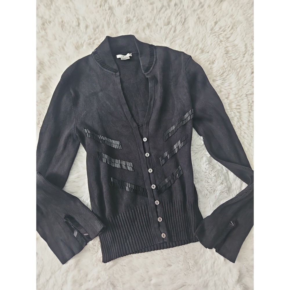 Caché Vintage Y2K Ribbed Silk Blend Beaded Bell Sleeve Cardigan Women's M